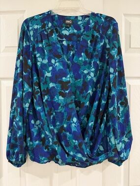 INC International Concepts Blue Teal Floral Wrap-Front Blouse
